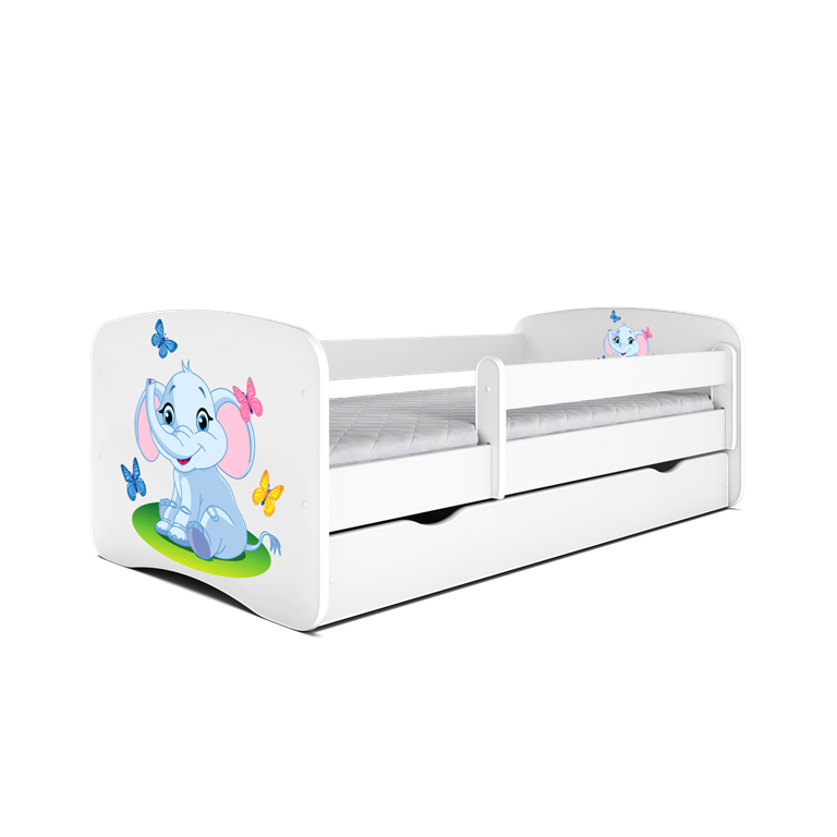 Babydreams juniorseng med elefant, m. madras, sengehest, skuffe - hvid laminat (140x70)