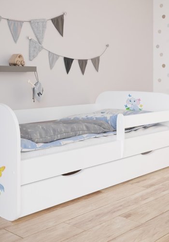 Babydreams juniorseng med elefant, m. madras, sengehest, skuffe - hvid laminat (140x70)