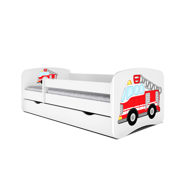 Babydreams juniorseng med brandbil, m. madras, sengehest, skuffe - hvid laminat (140x70)