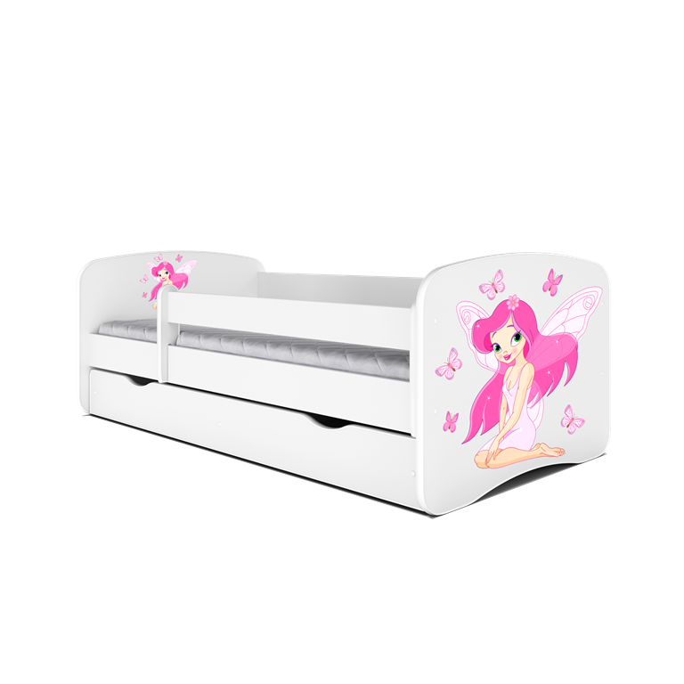 Babydreams juniorseng med fe med sommerfugle, m. madras, sengehest, skuffe - hvid laminat (140x70)