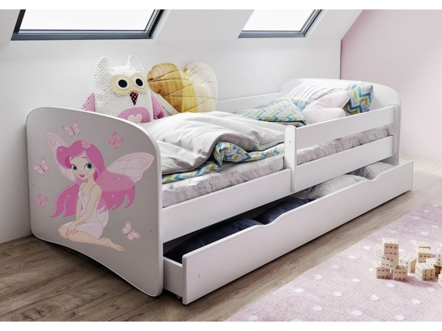 Babydreams juniorseng med fe med sommerfugle, m. madras, sengehest, skuffe - hvid laminat (140x70)