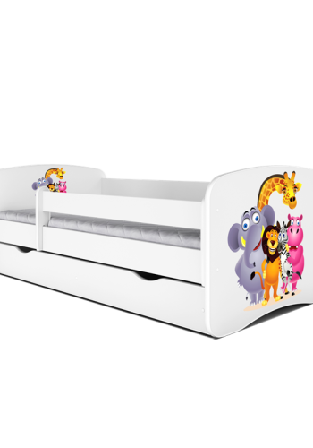 Babydreams juniorseng med Zoo dyr, m. madras, sengehest, skuffe - hvid laminat (140x70)
