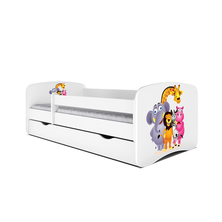 Babydreams juniorseng med Zoo dyr, m. madras, sengehest, skuffe - hvid laminat (140x70)