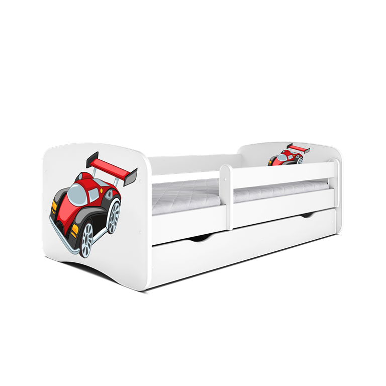 Babydreams juniorseng med racerbil, m. madras, sengehest og skuffe - hvid laminat (160x80)