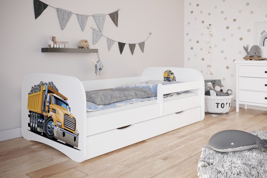Babydreams juniorseng med lastbil, m. madras, sengehest og skuffe - hvid laminat (160x80)