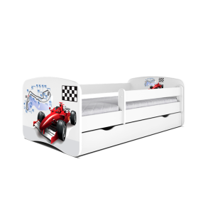 Babydreams juniorseng med racerbil, m. madras, sengehest og skuffe - hvid laminat (160x80)