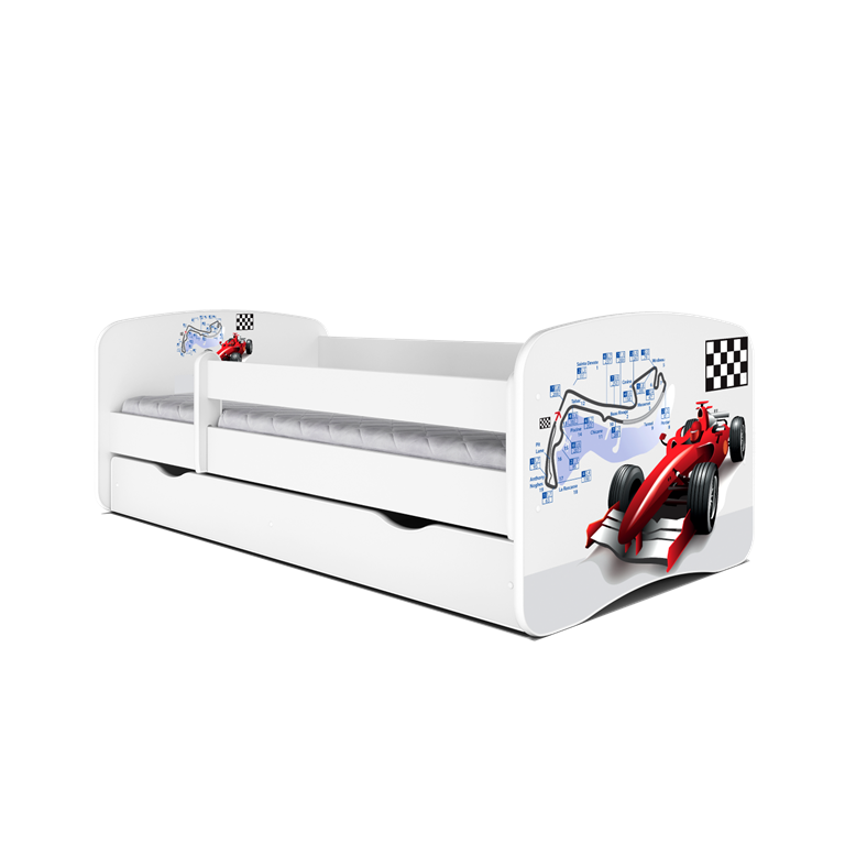 Babydreams juniorseng med racerbil, m. madras, sengehest og skuffe - hvid laminat (160x80)
