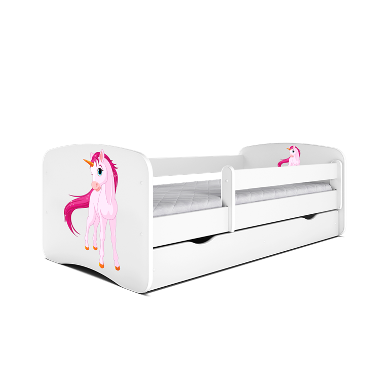 Babydreams juniorseng med enhjrning, m. madras, sengehest og skuffe - hvid laminat (160x80)