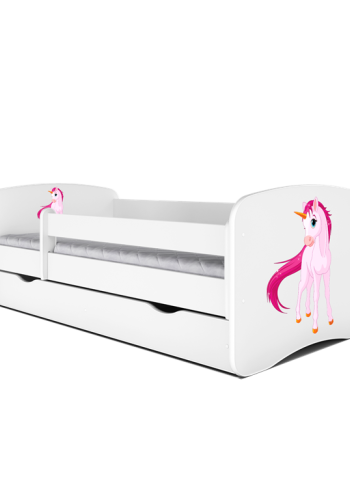 Babydreams juniorseng med enhjrning, m. madras, sengehest og skuffe - hvid laminat (160x80)