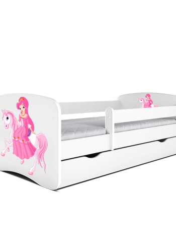 Babydreams juniorseng med prinsesse p hest, m. madras, sengehest og skuffe - hvid laminat (160x80)