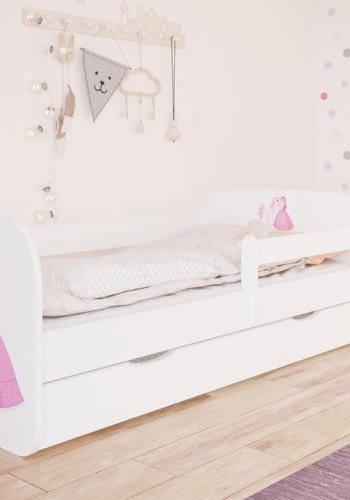 Babydreams juniorseng med prinsesse og hest, m. madras, sengehest og skuffe - hvid laminat (160x80)