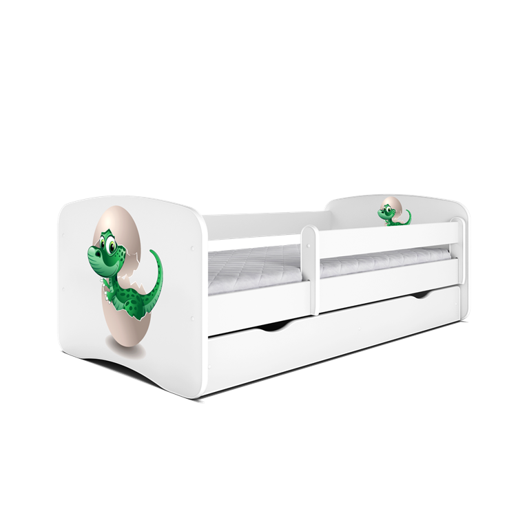Babydreams juniorseng med lille dino, m. madras, sengehest og skuffe - hvid laminat (160x80)