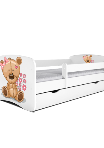 Babydreams juniorseng med bamse og blomster, m. madras, sengehest og skuffe - hvid laminat (160x80)