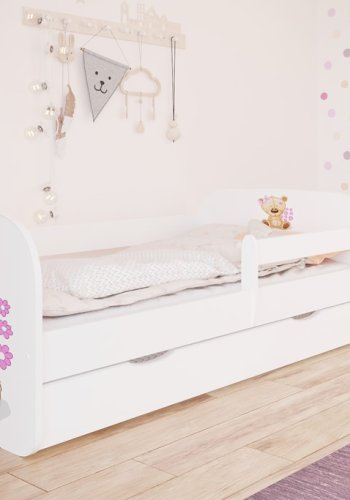 Babydreams juniorseng med bamse og blomster, m. madras, sengehest og skuffe - hvid laminat (160x80)
