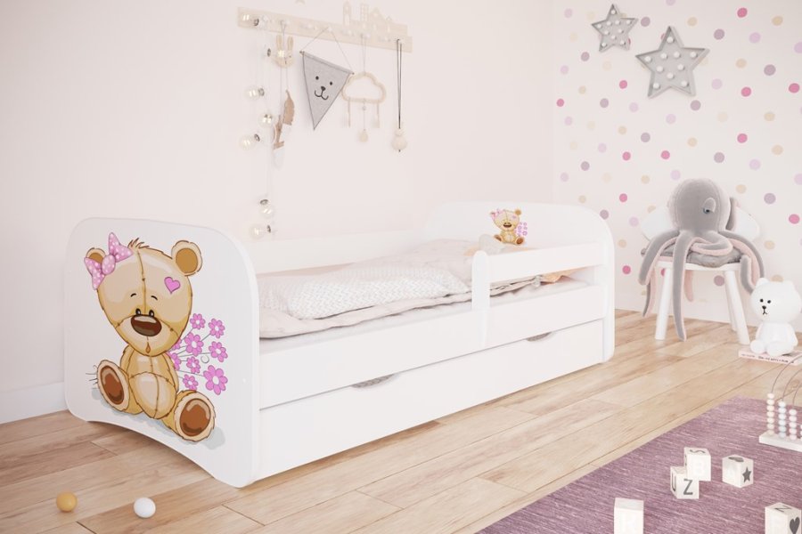 Babydreams juniorseng med bamse og blomster, m. madras, sengehest og skuffe - hvid laminat (160x80)