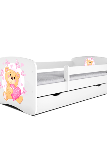 Babydreams juniorseng med bamse og sommerfugle, m. madras, sengehest, skuffe - hvid laminat (160x80)