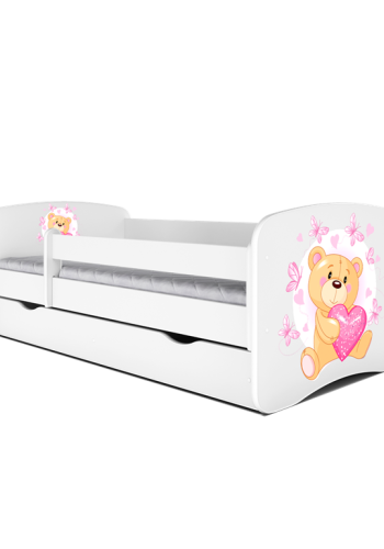 Babydreams juniorseng med bamse og sommerfugle, m. madras, sengehest, skuffe - hvid laminat (160x80)