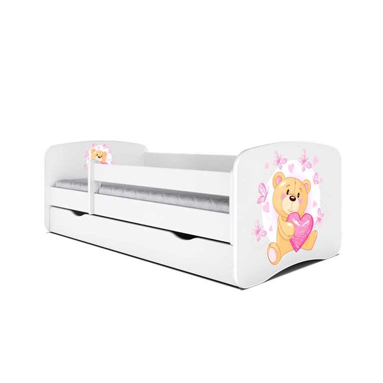 Babydreams juniorseng med bamse og sommerfugle, m. madras, sengehest, skuffe - hvid laminat (160x80)
