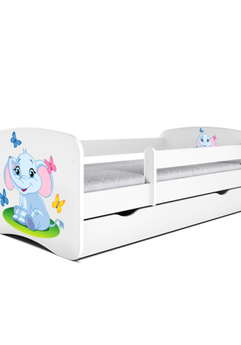 Babydreams juniorseng med elefant, m. madras, sengehest, skuffe - hvid laminat (160x80)