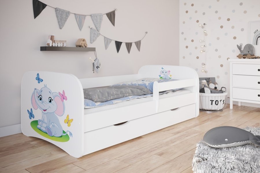 Babydreams juniorseng med elefant, m. madras, sengehest, skuffe - hvid laminat (160x80)