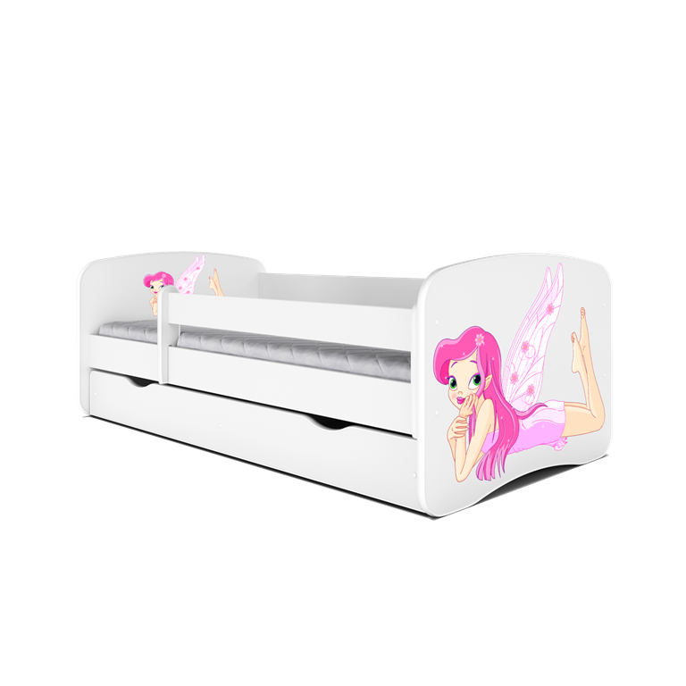 Babydreams juniorseng med fe med vinger, m. madras, sengehest, skuffe - hvid laminat (160x80)