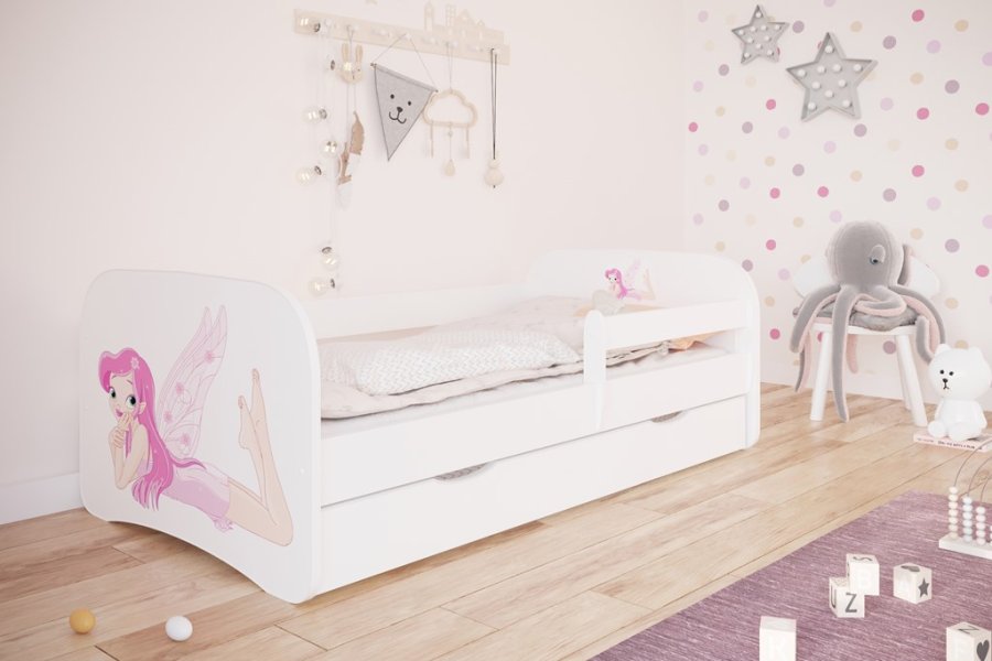 Babydreams juniorseng med fe med vinger, m. madras, sengehest, skuffe - hvid laminat (160x80)