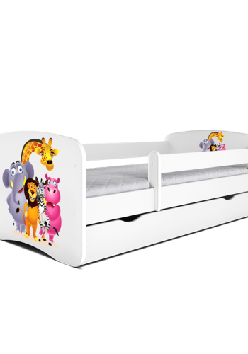 Babydreams juniorseng med Zoo dyr, m. madras, sengehest, skuffe - hvid laminat (160x80)