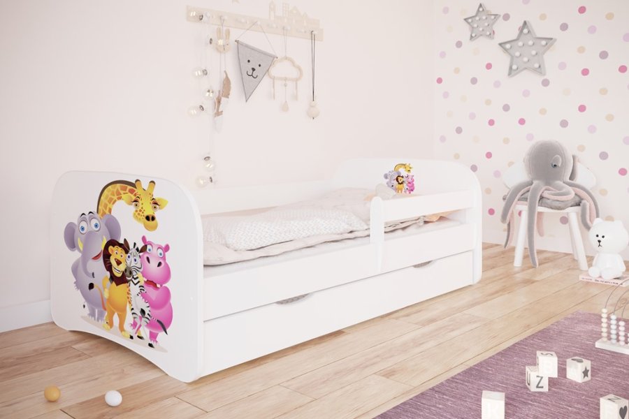 Babydreams juniorseng med Zoo dyr, m. madras, sengehest, skuffe - hvid laminat (160x80)