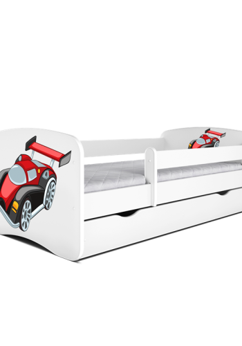 Babydreams juniorseng med racerbil, m. madras, sengehest og skuffe - hvid laminat (180x80)
