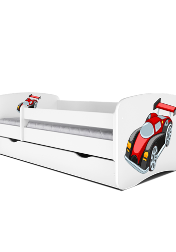 Babydreams juniorseng med racerbil, m. madras, sengehest og skuffe - hvid laminat (180x80)