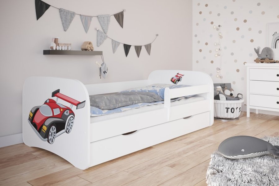 Babydreams juniorseng med racerbil, m. madras, sengehest og skuffe - hvid laminat (180x80)