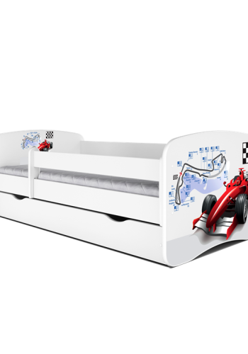 Babydreams juniorseng med racerbil, m. madras, sengehest og skuffe - hvid laminat (180x80)