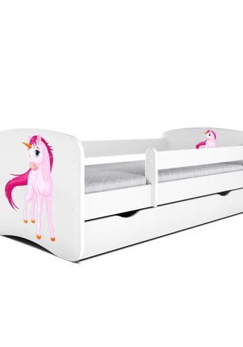 Babydreams juniorseng med enhjrning, m. madras, sengehest og skuffe - hvid laminat (180x80)