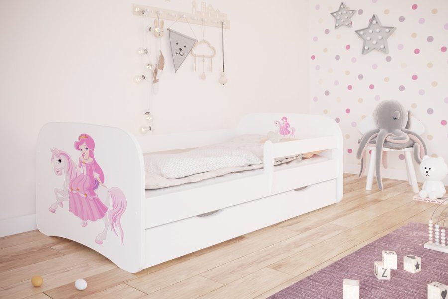 Babydreams juniorseng med prinsesse p hest, m. madras, sengehest og skuffe - hvid laminat (180x80)