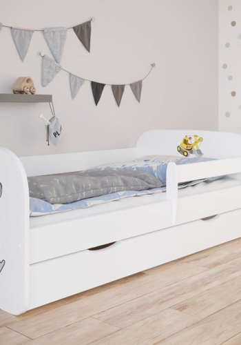 Babydreams juniorseng med gravemaskine, m. madras, sengehest og skuffe - hvid laminat (180x80)