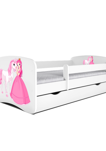 Babydreams juniorseng med prinsesse og hest, m. madras, sengehest og skuffe - hvid laminat (180x80)