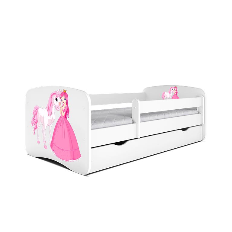 Babydreams juniorseng med prinsesse og hest, m. madras, sengehest og skuffe - hvid laminat (180x80)