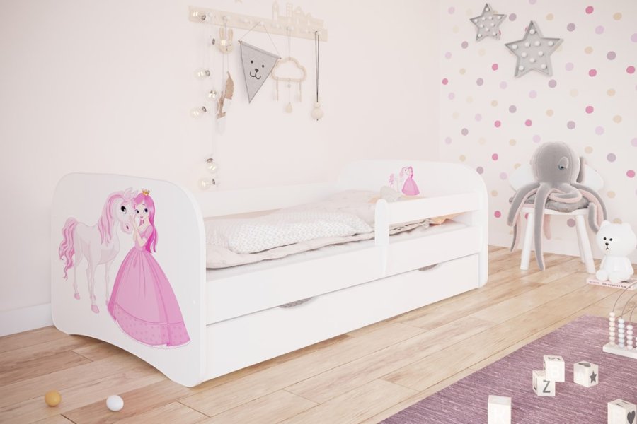 Babydreams juniorseng med prinsesse og hest, m. madras, sengehest og skuffe - hvid laminat (180x80)