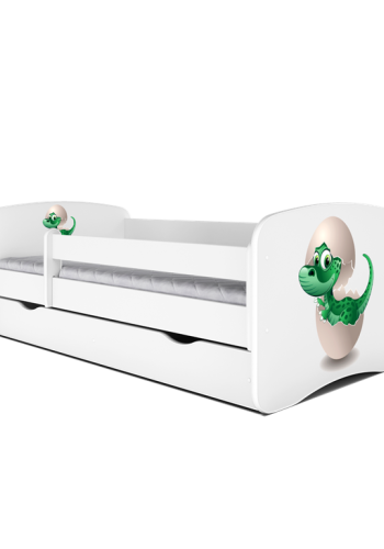 Babydreams juniorseng med lille dino, m. madras, sengehest og skuffe - hvid laminat (180x80)