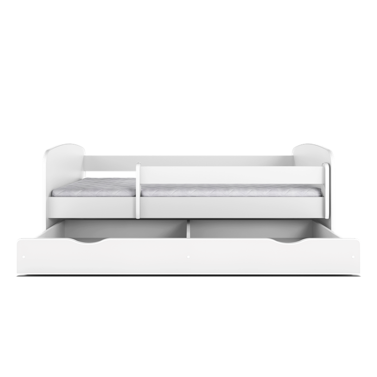 Babydreams juniorseng med lille dino, m. madras, sengehest og skuffe - hvid laminat (180x80)