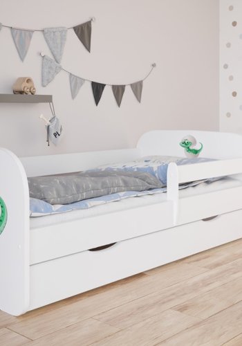 Babydreams juniorseng med lille dino, m. madras, sengehest og skuffe - hvid laminat (180x80)