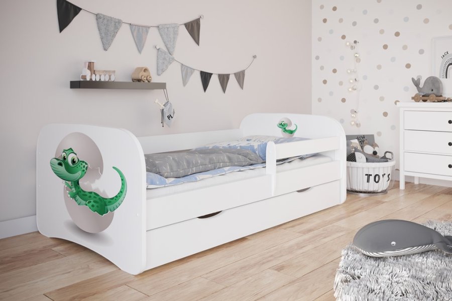 Babydreams juniorseng med lille dino, m. madras, sengehest og skuffe - hvid laminat (180x80)