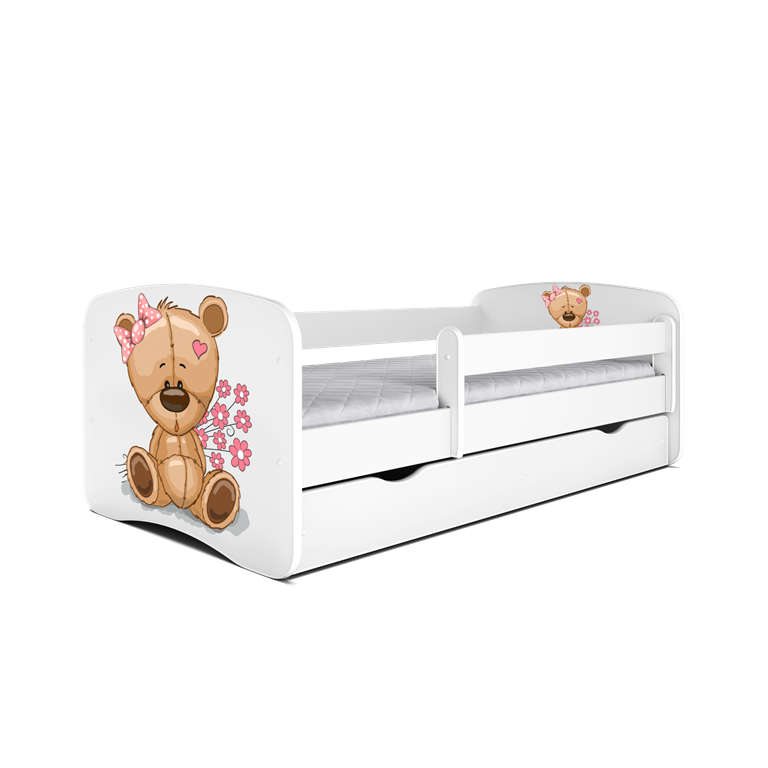 Babydreams juniorseng med bamse og blomster, m. madras, sengehest og skuffe - hvid laminat (180x80)