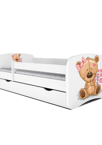 Babydreams juniorseng med bamse og blomster, m. madras, sengehest og skuffe - hvid laminat (180x80)