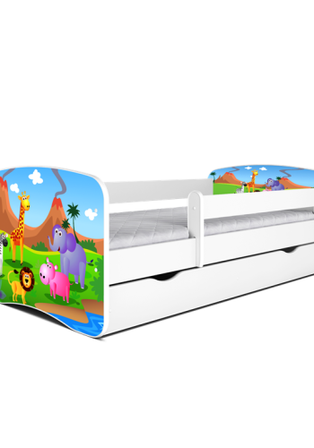 Babydreams juniorseng med safari dyr, m. madras, sengehest, skuffe - hvid laminat (180x80)