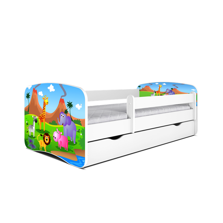 Babydreams juniorseng med safari dyr, m. madras, sengehest, skuffe - hvid laminat (180x80)