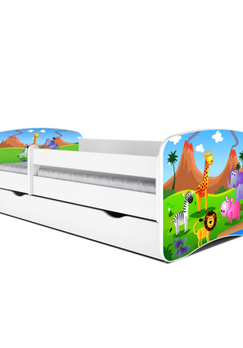 Babydreams juniorseng med safari dyr, m. madras, sengehest, skuffe - hvid laminat (180x80)