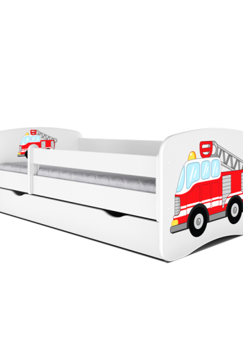 Babydreams juniorseng med brandbil, m. madras, sengehest, skuffe - hvid laminat (180x80)