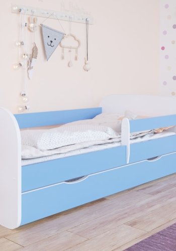 Babydreams juniorseng, m. madras, sengehest, skuffe - hvid og bl laminat (140x70)