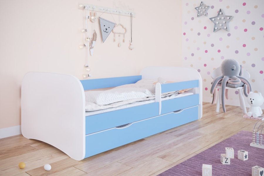 Babydreams juniorseng, m. madras, sengehest, skuffe - hvid og bl laminat (140x70)